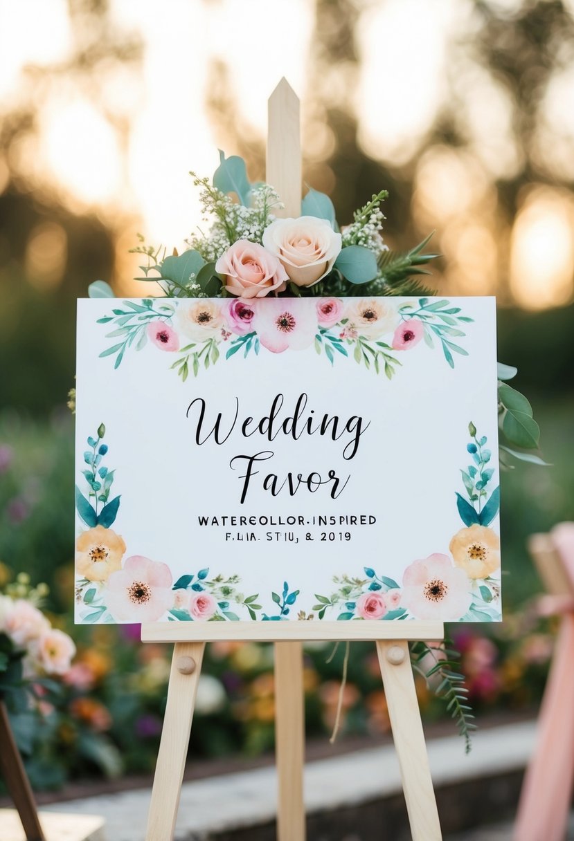 A watercolor-inspired wedding favor sign with floral motifs and pastel colors