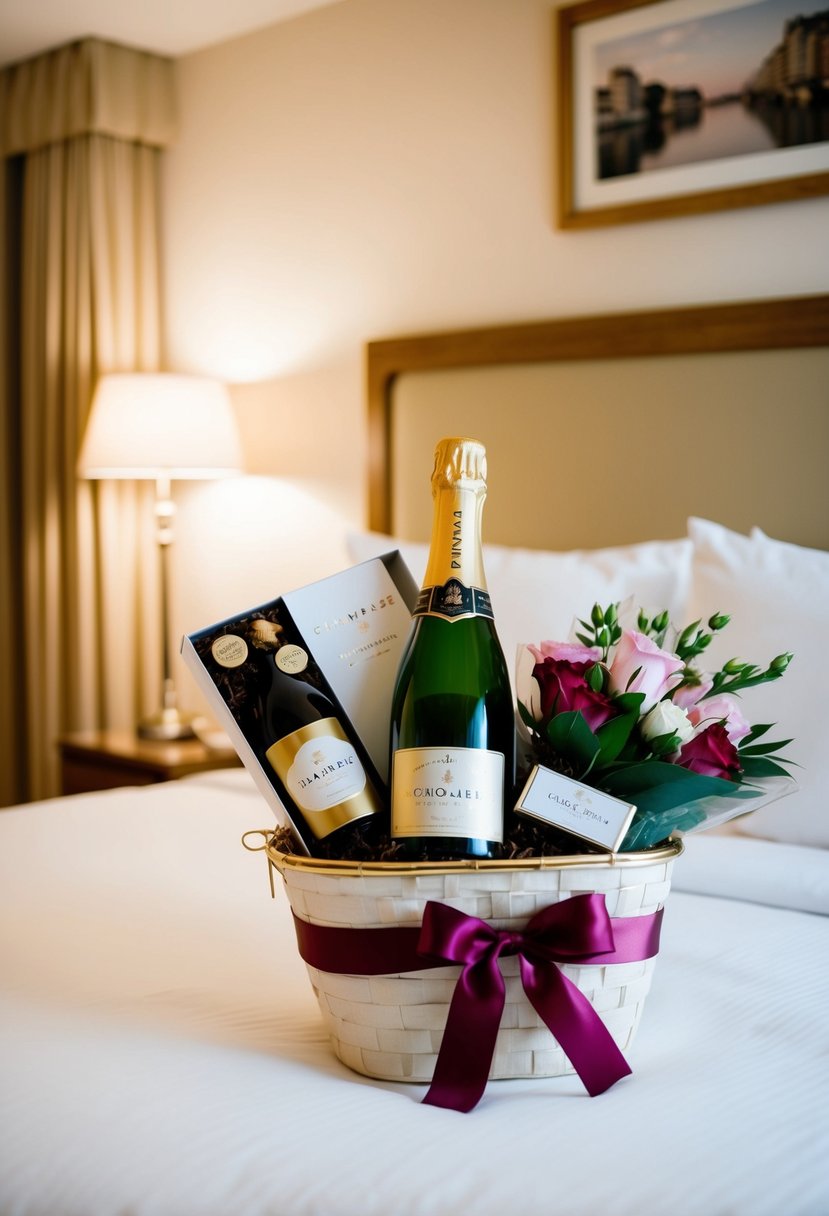 A small gift basket with champagne, chocolates, and flowers sits on a neatly made bed in a softly lit, romantic hotel room