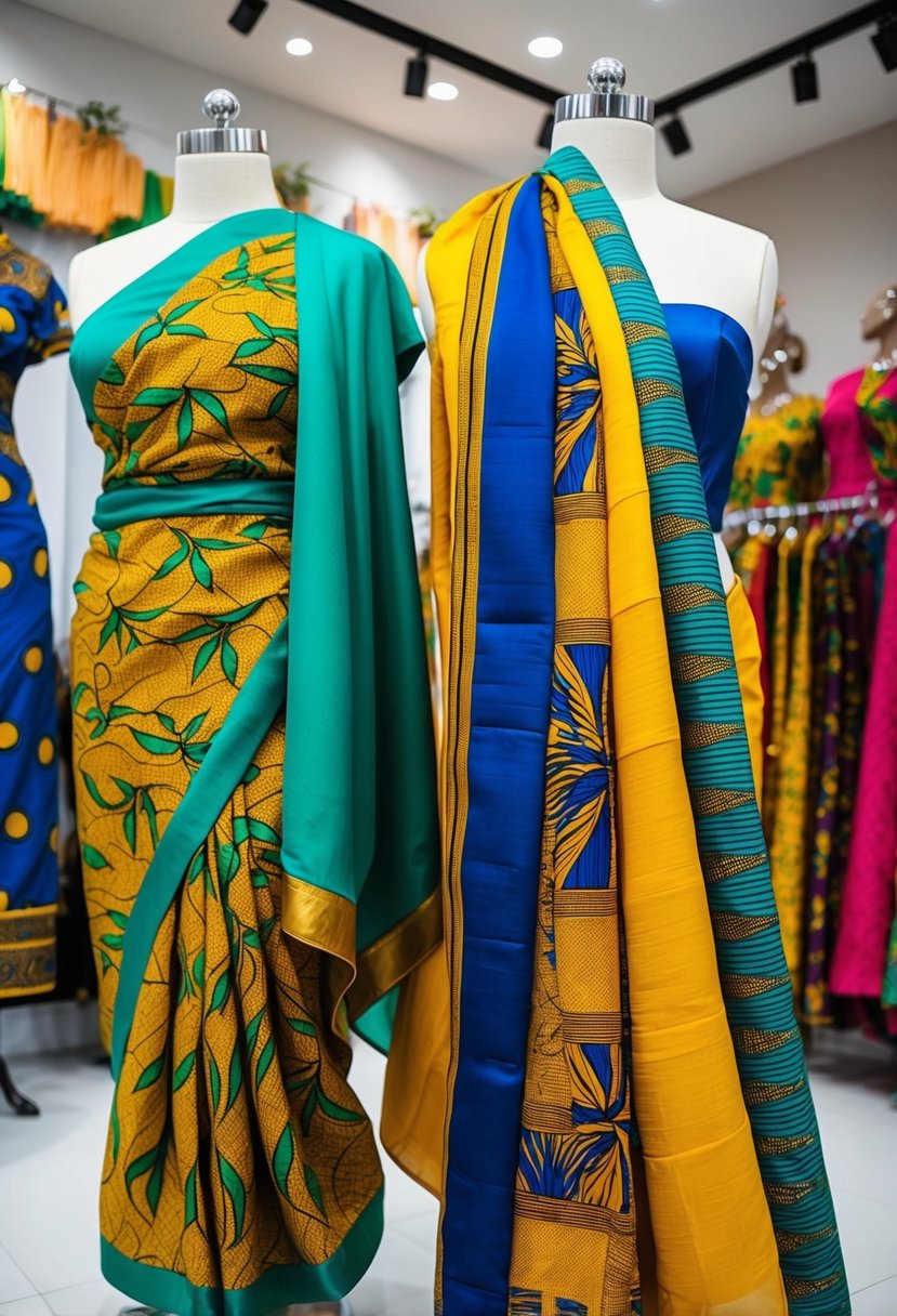 Vibrant African fabrics draped over mannequins in a boutique display, showcasing traditional wedding guest attire