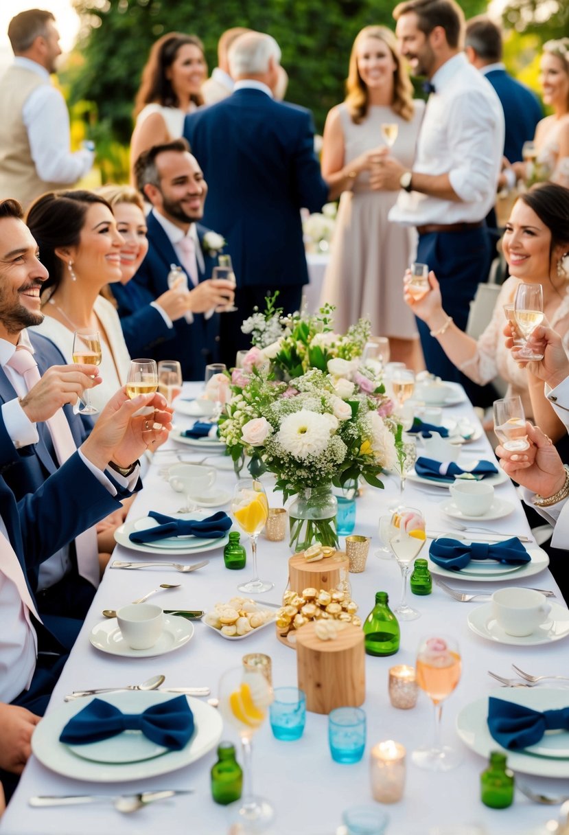 A table with assorted wedding favors and decorations, surrounded by happy guests mingling and sharing in the joyous atmosphere