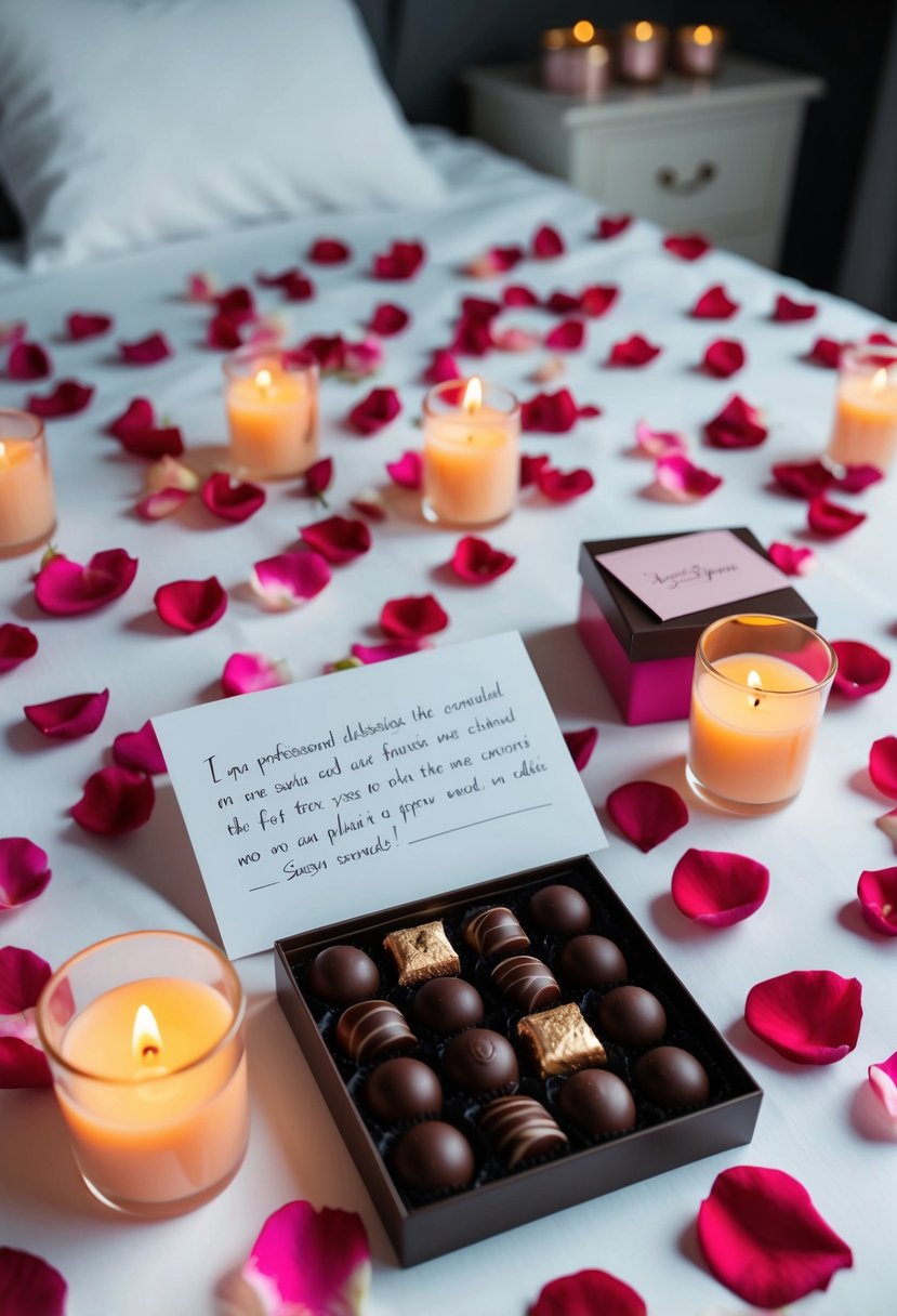 A bed scattered with rose petals and candles, a personalized note, and a box of chocolates placed on the nightstand