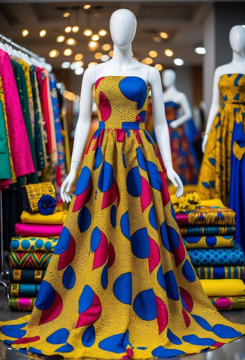 A vibrant Ankara print maxi dress on a mannequin, surrounded by colorful fabrics and accessories for an African wedding guest outfit