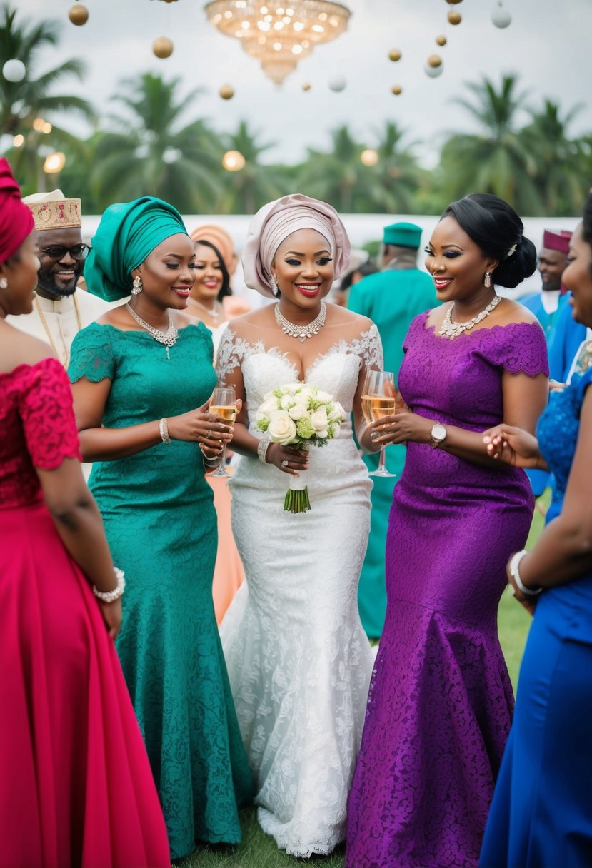 A group of elegantly dressed wedding guests in vibrant Asoebi lace gowns, mingling and celebrating at a traditional African wedding