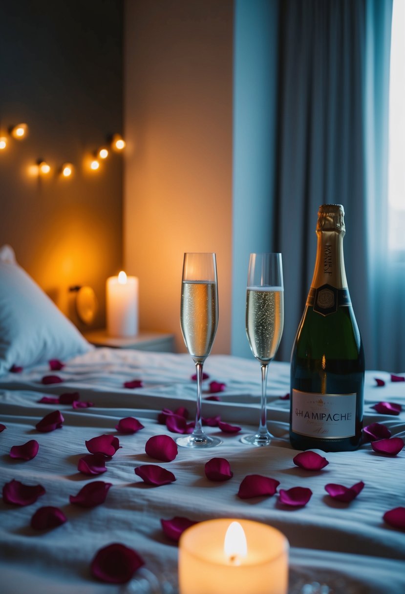 A dimly lit room with rose petals scattered on a bed, soft candlelight, and a bottle of champagne on ice