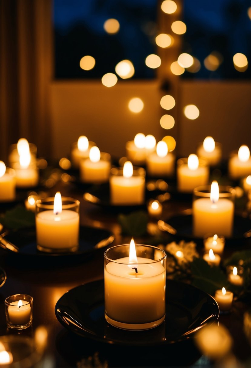 A dimly lit room with flickering scented candles casting a warm glow, creating a romantic and inviting atmosphere for a wedding night