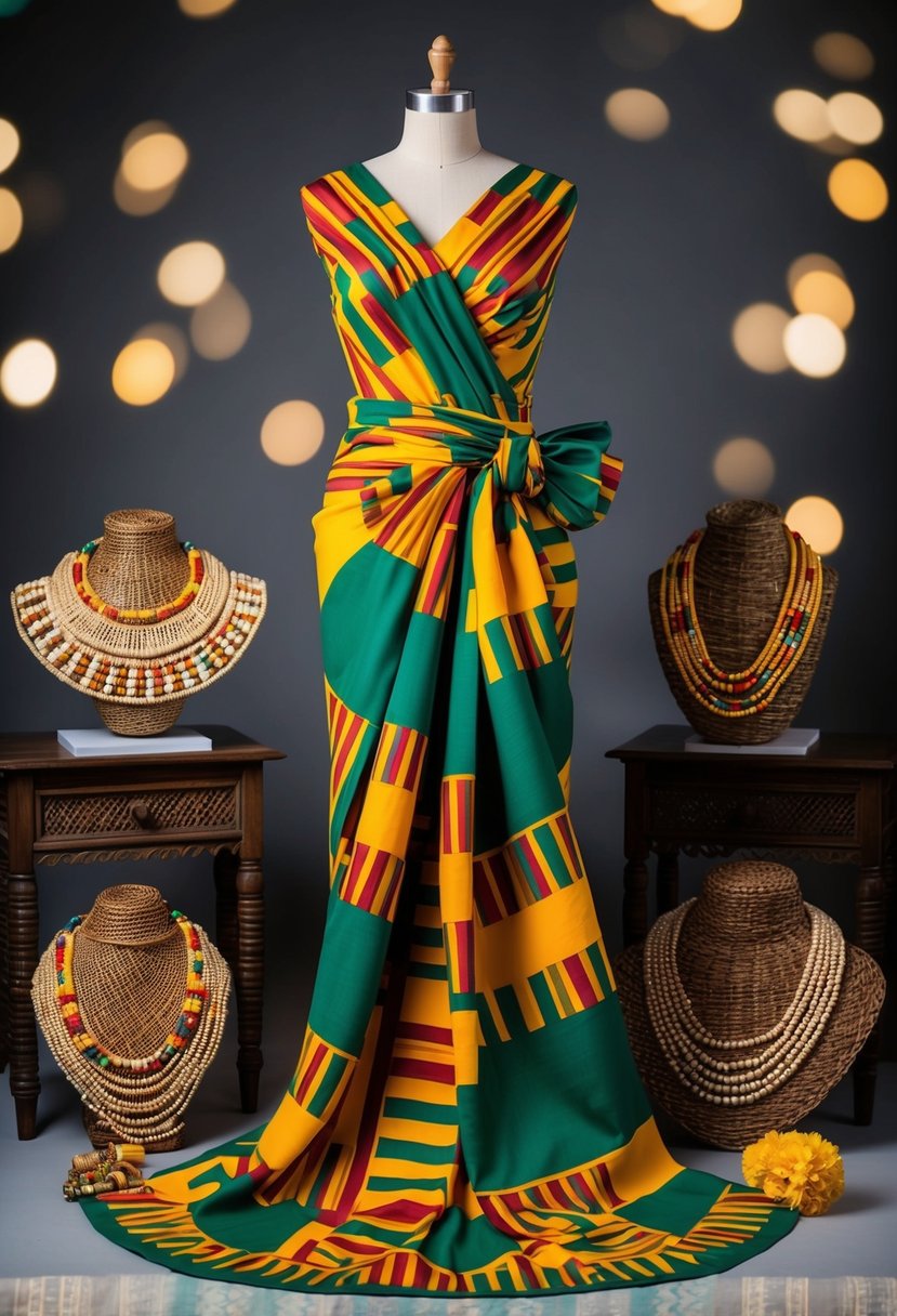 A vibrant kente cloth wrap dress draped over a mannequin, surrounded by traditional African wedding accessories