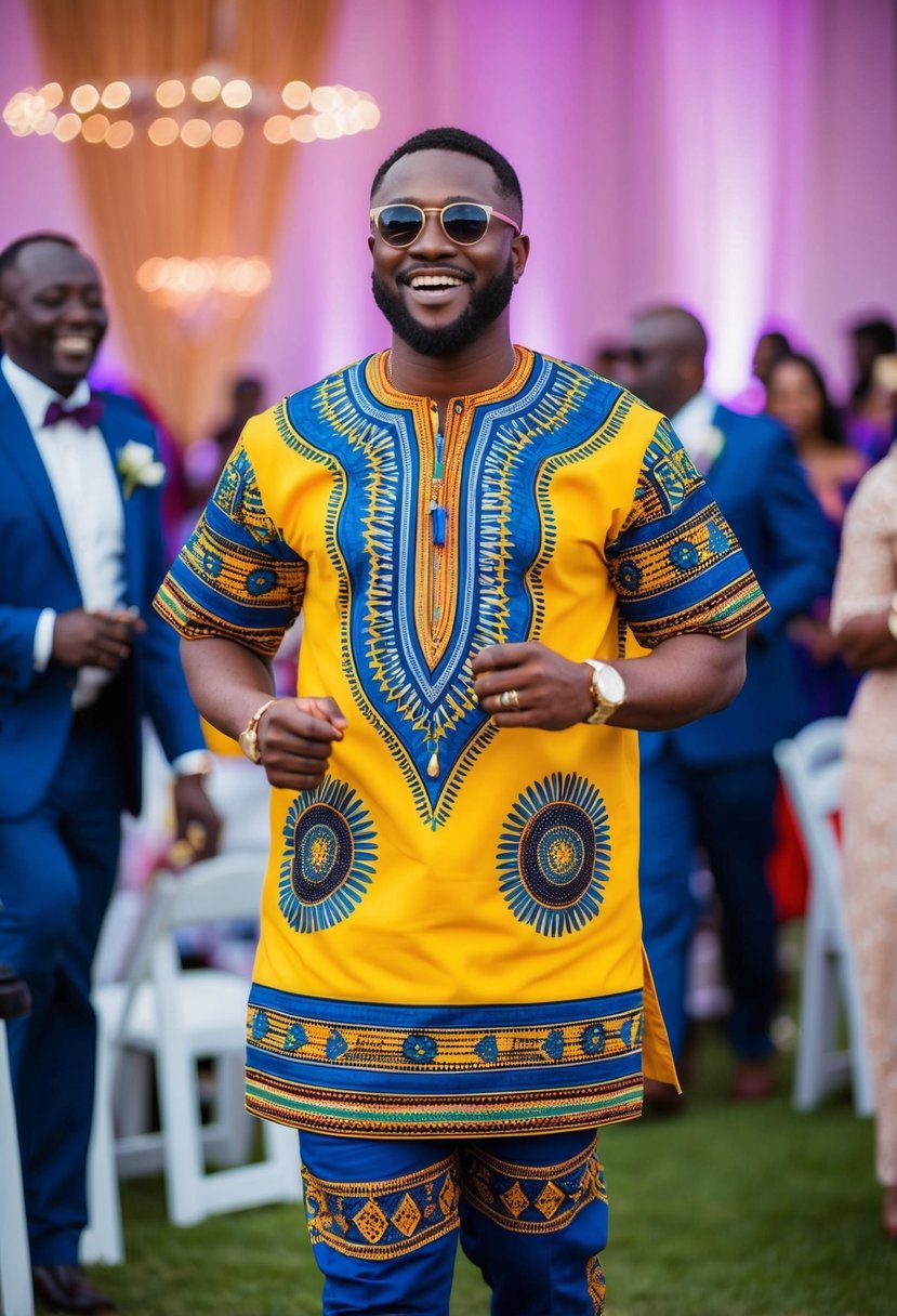 A vibrant dashiki tunic and matching trousers, adorned with intricate African patterns and bold colors, worn by a wedding guest at a joyous celebration