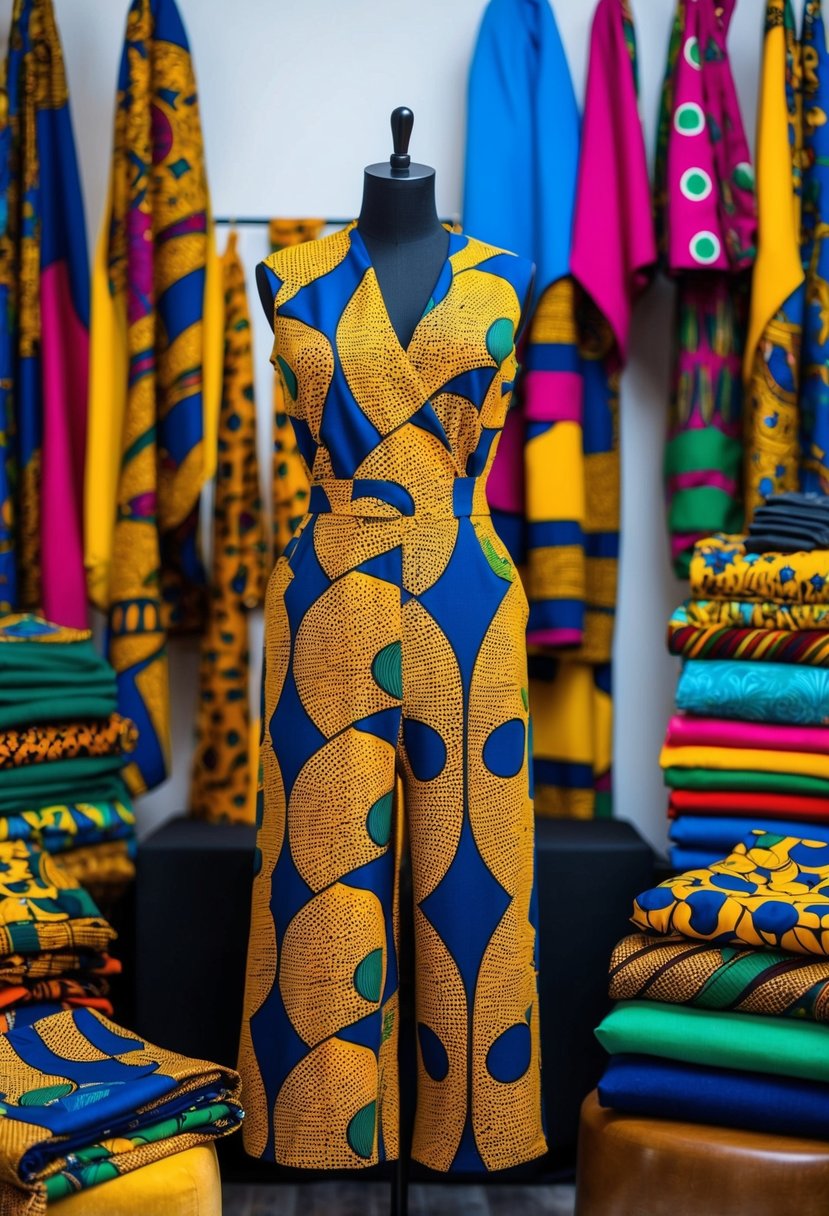 An African print jumpsuit displayed on a mannequin, surrounded by vibrant fabrics and accessories