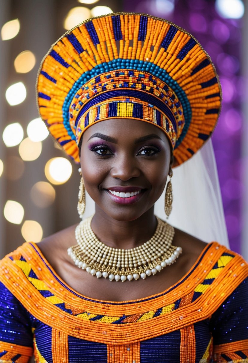 An intricately beaded headpiece and matching dress in vibrant African colors, ready for a wedding celebration