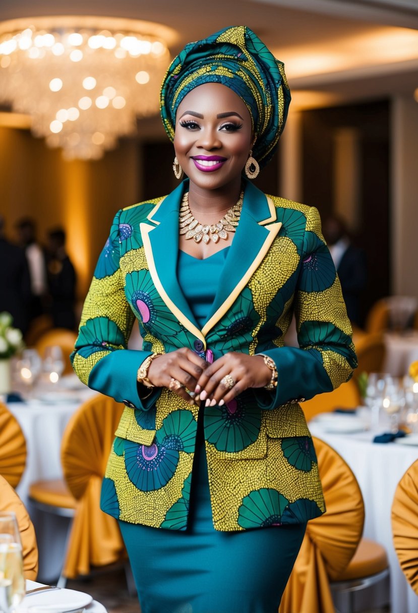 An Ankara blazer paired with a coordinating outfit, accessorized with bold jewelry and a headwrap, at an elegant African wedding