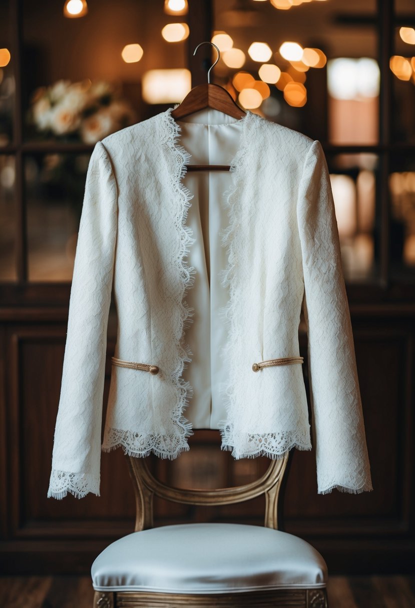 A lace wedding dress jacket draped over a vintage chair