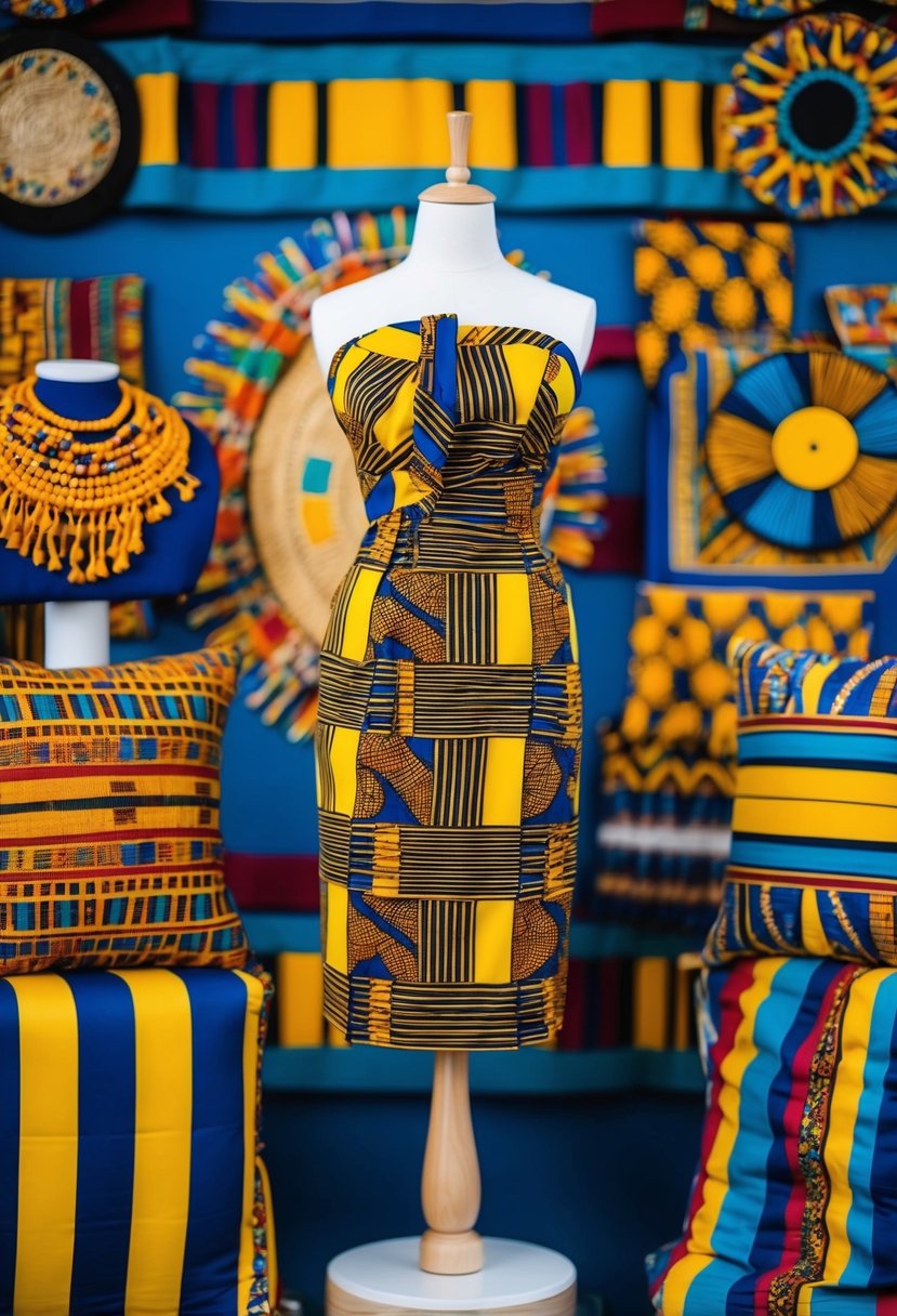 A vibrant kitenge fabric cocktail dress displayed on a mannequin, surrounded by colorful accessories and traditional African patterns