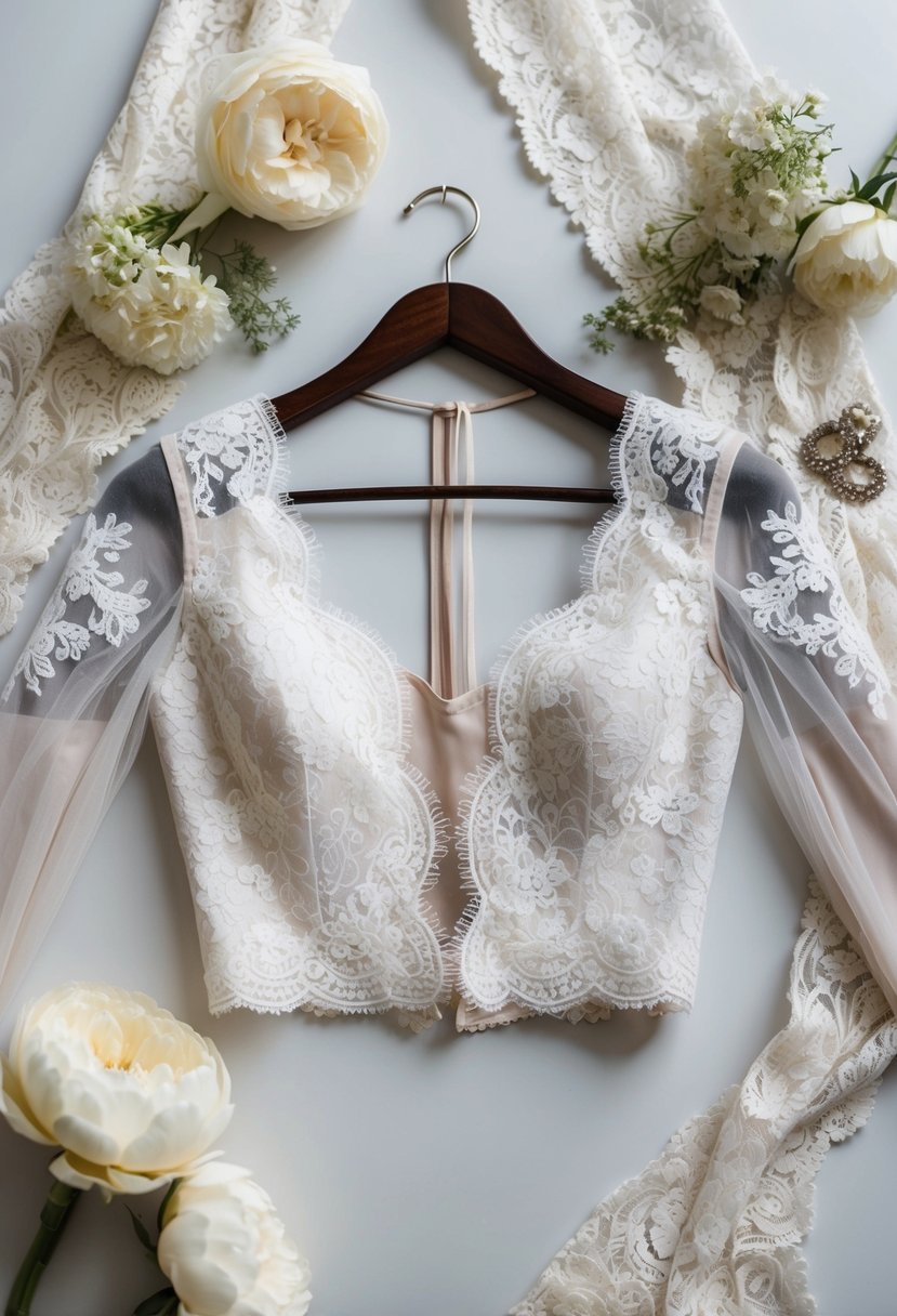 A lace bolero with sheer sleeves draped over a hanger, surrounded by delicate lace fabric and bridal accessories