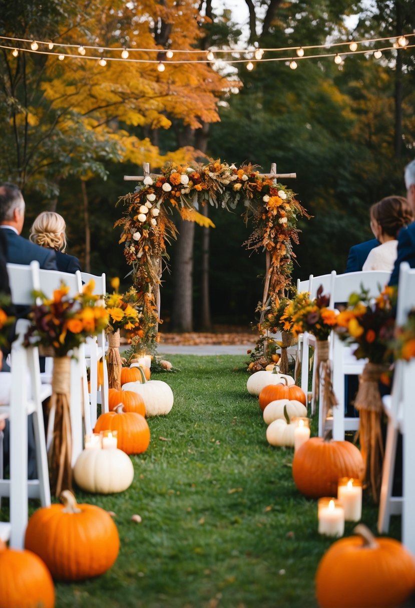 A rustic outdoor wedding ceremony with autumn foliage, pumpkins, and candles lining the aisle