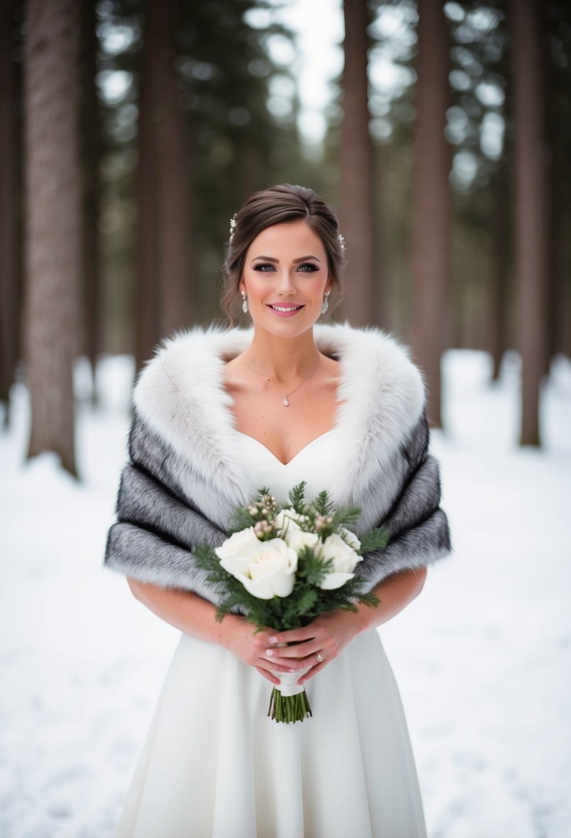 A bride wearing a white wedding dress with a faux fur shawl draped over her shoulders, standing in a snowy forest