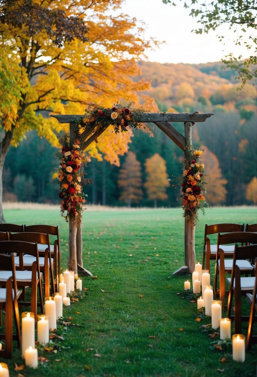 A serene outdoor ceremony set in a rustic autumn landscape, with colorful leaves, wooden arches, and soft candlelight