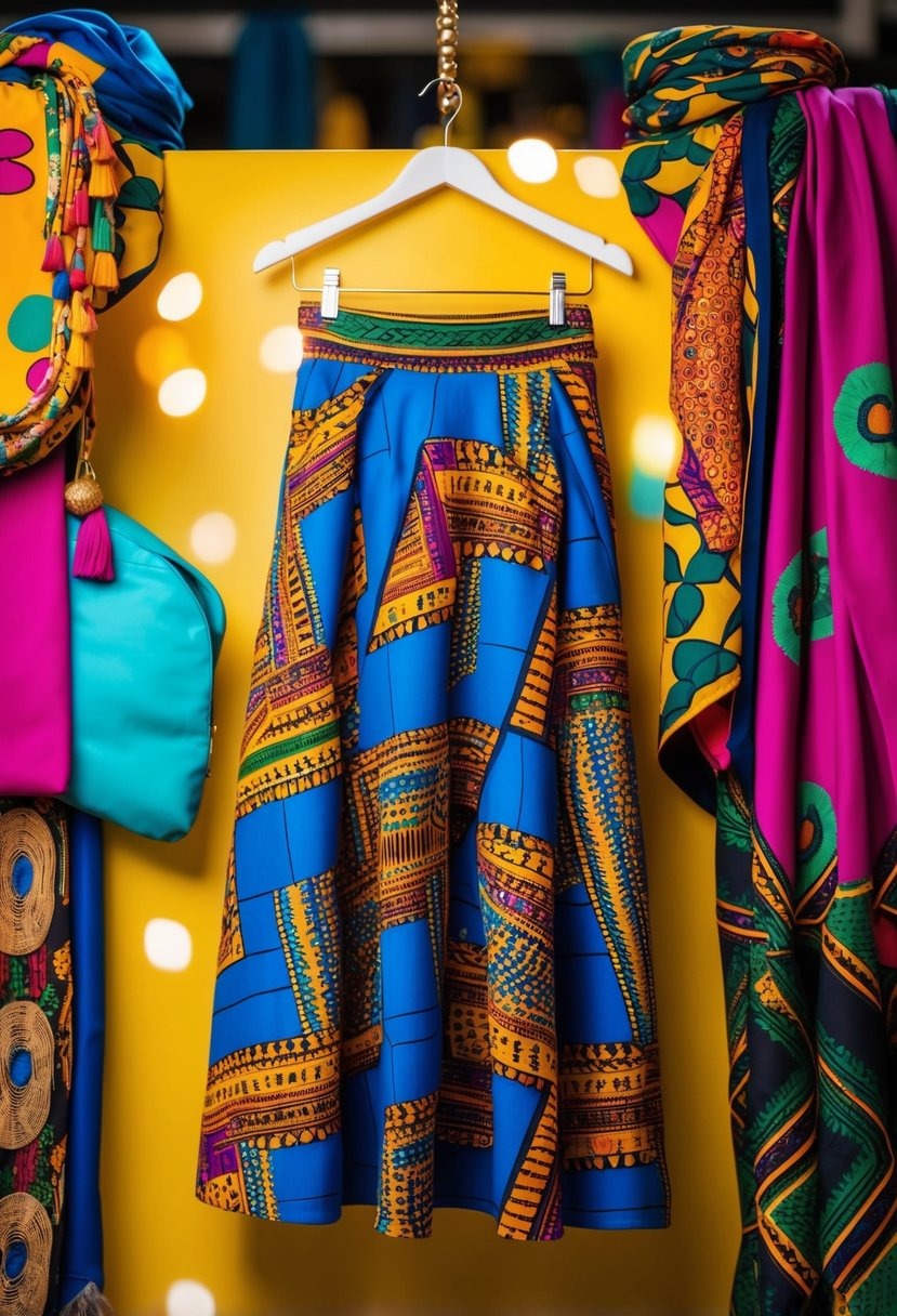 A vibrant kanga print midi skirt draped over a hanger, surrounded by colorful fabric and accessories