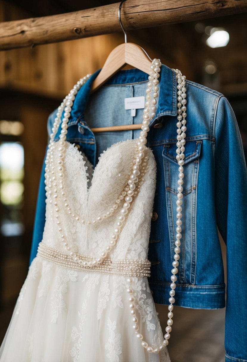 A denim jacket adorned with shimmering pearls, draped over a lacy wedding dress on a rustic wooden hanger