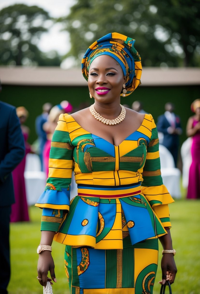 An African wedding guest wears a vibrant khanga two-piece ensemble, featuring bold patterns and bright colors, paired with matching accessories