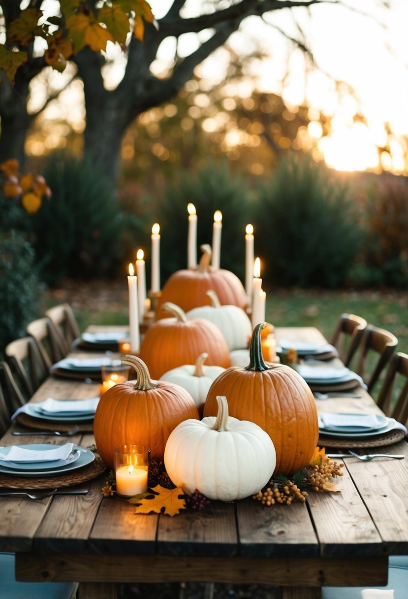 A rustic wooden table adorned with pumpkin centerpieces, surrounded by autumn foliage and candlelight