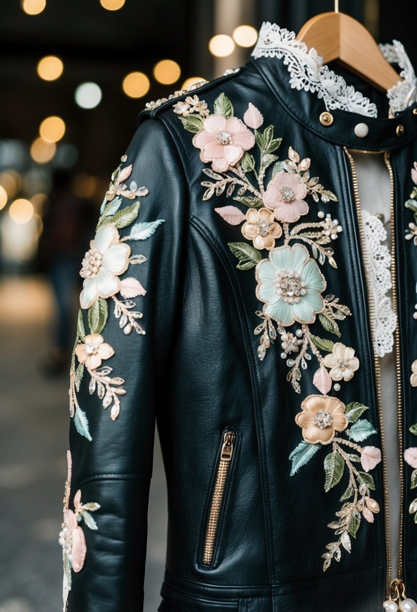 A leather jacket adorned with intricate floral designs in soft pastel colors, accented with delicate lace and shimmering beads