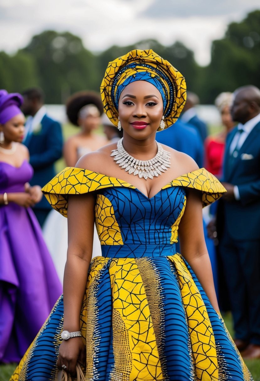 An elegant boubou gown in vibrant African print, accessorized with a matching headwrap and statement jewelry, worn by a wedding guest