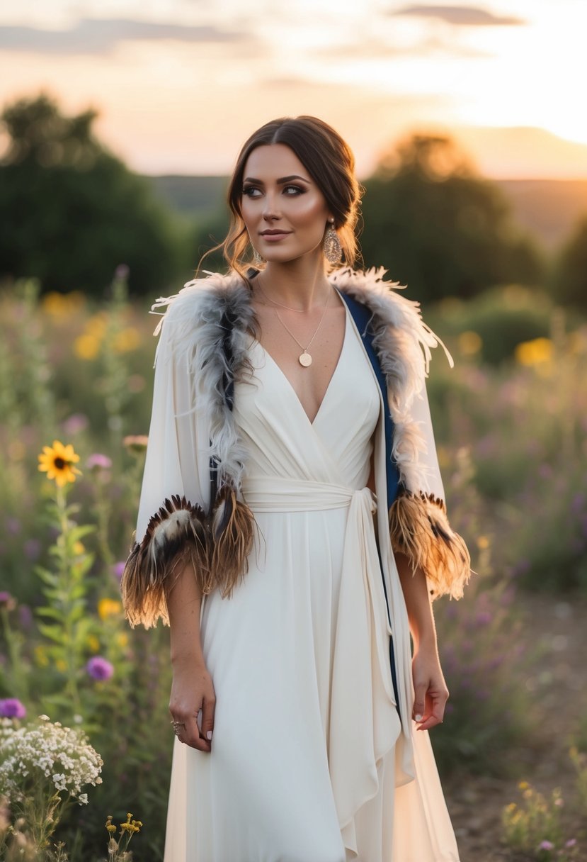 A bride wearing a bohemian-style wedding dress with a feather-trimmed wrap jacket, standing in a rustic outdoor setting with wildflowers and a sunset