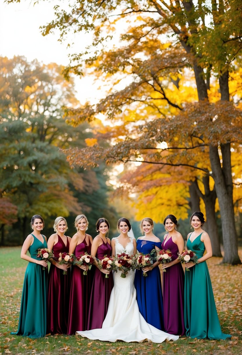 A group of bridesmaid dresses in rich jewel tones arranged in a fall wedding setting with autumn foliage and warm sunlight filtering through the trees