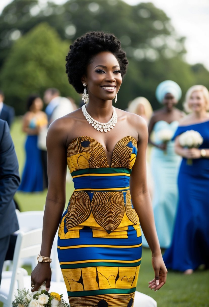 An African-inspired dress with bold Bogolanfini patterns, worn by a wedding guest