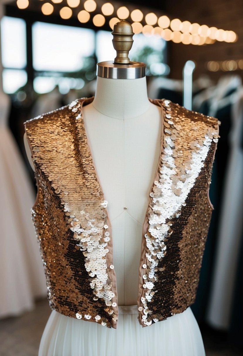 A sequined capelet wedding dress jacket draped over a mannequin, catching the light and shimmering with every movement