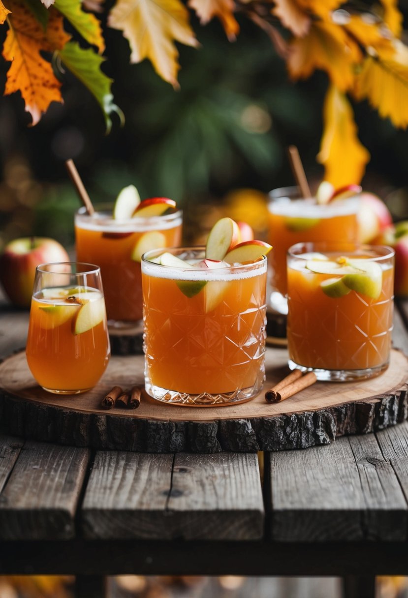 A rustic wooden table with a variety of apple cider cocktails, surrounded by fall foliage and warm lighting