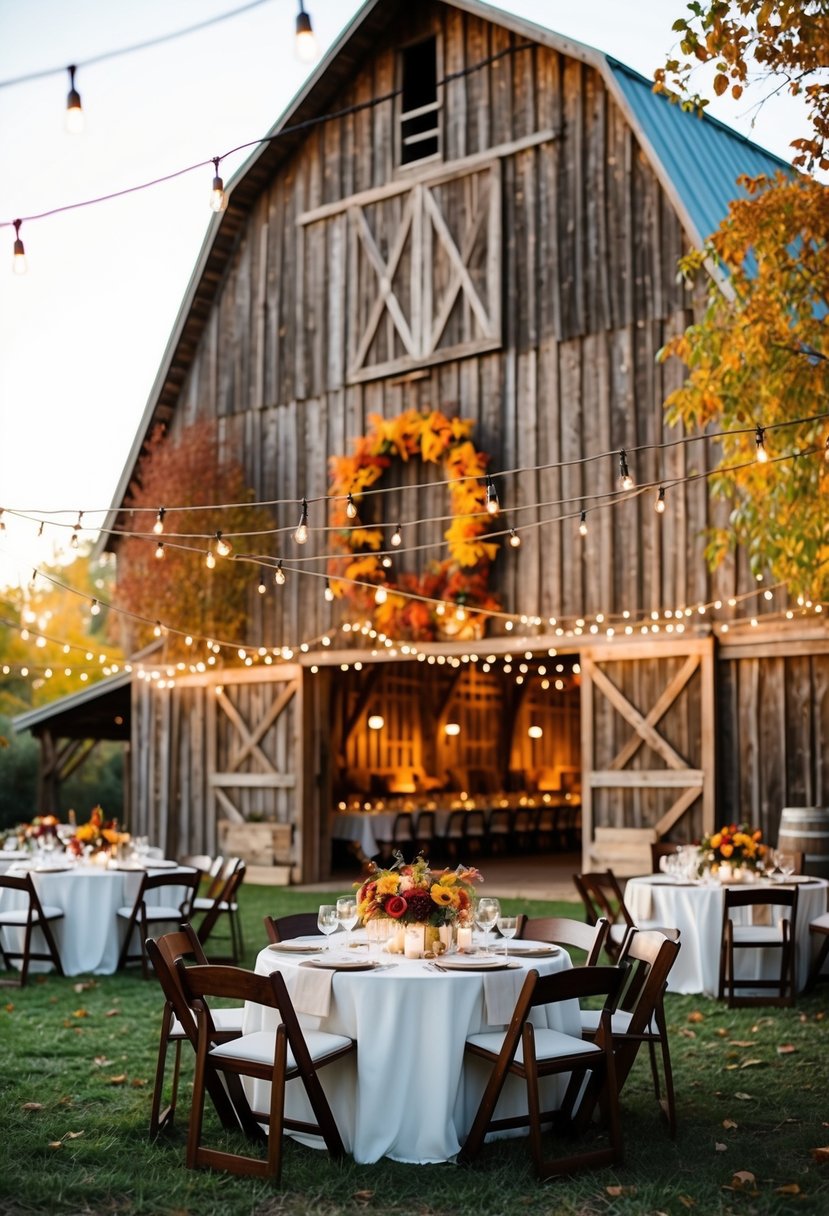 A rustic barn adorned with autumn foliage, string lights, and cozy seating for a romantic fall wedding reception