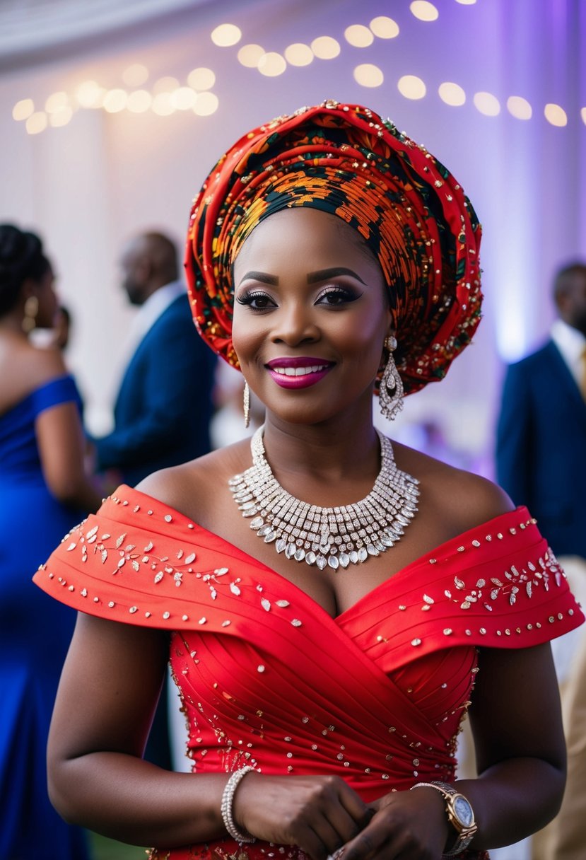 An African woman wearing a vibrant gele headwrap with intricate embellishments, standing confidently at a wedding celebration