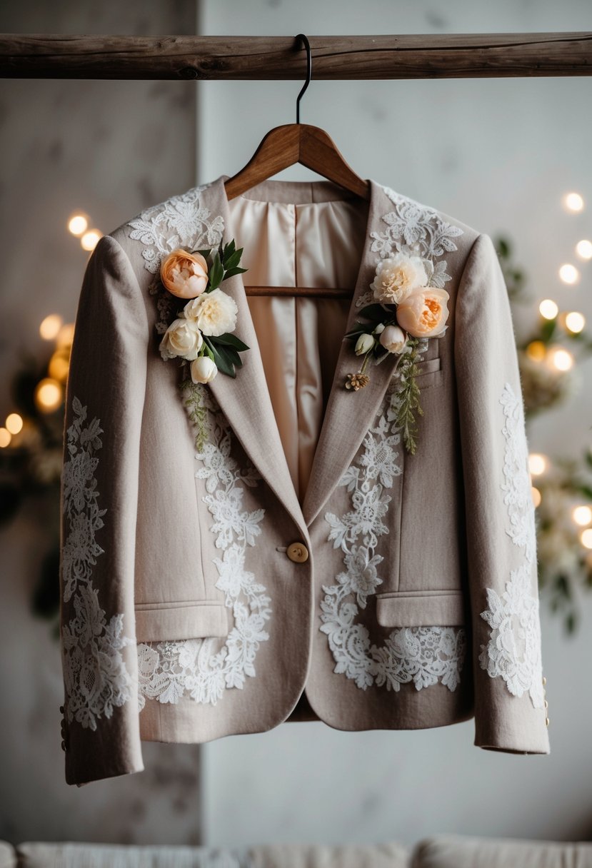 A vintage wool blazer hangs on a rustic wooden hanger, adorned with delicate lace and silk flowers, creating a unique wedding dress jacket