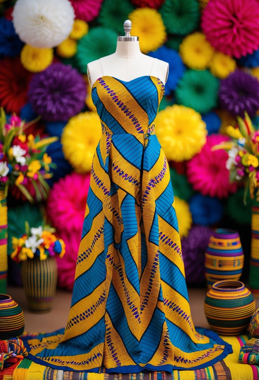 A vibrant shweshwe fabric dress on a mannequin, surrounded by colorful African wedding decor and accessories