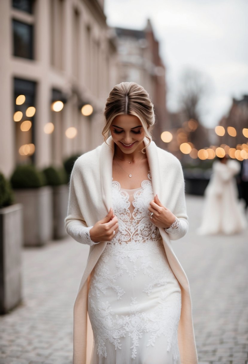 A soft, cropped cashmere cardigan drapes over a delicate lace wedding dress, creating a cozy yet elegant bridal look