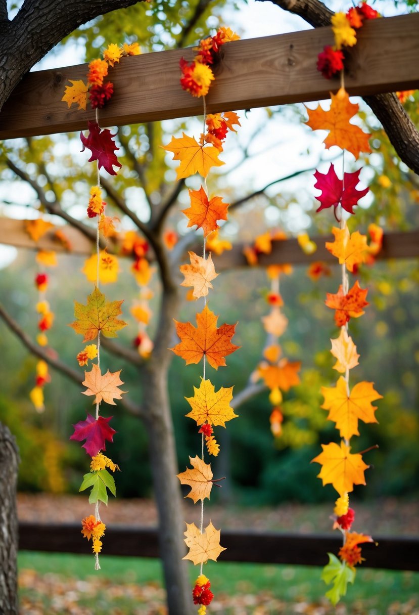 A rustic outdoor wedding scene with colorful autumn leaves woven into DIY garlands hanging from wooden beams and wrapped around tree branches