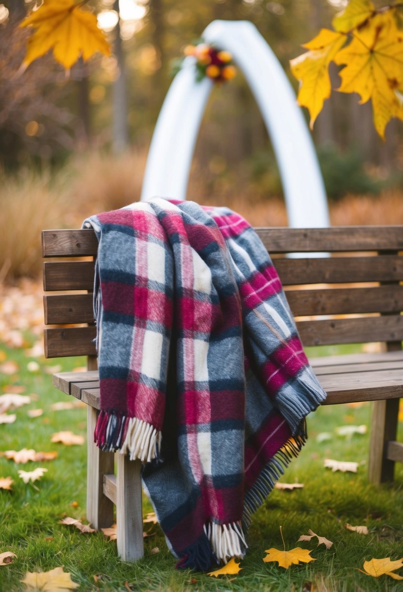 A warm, plaid blanket draped over a wooden bench in a rustic outdoor setting, surrounded by autumn leaves and a hint of a wedding arch in the background