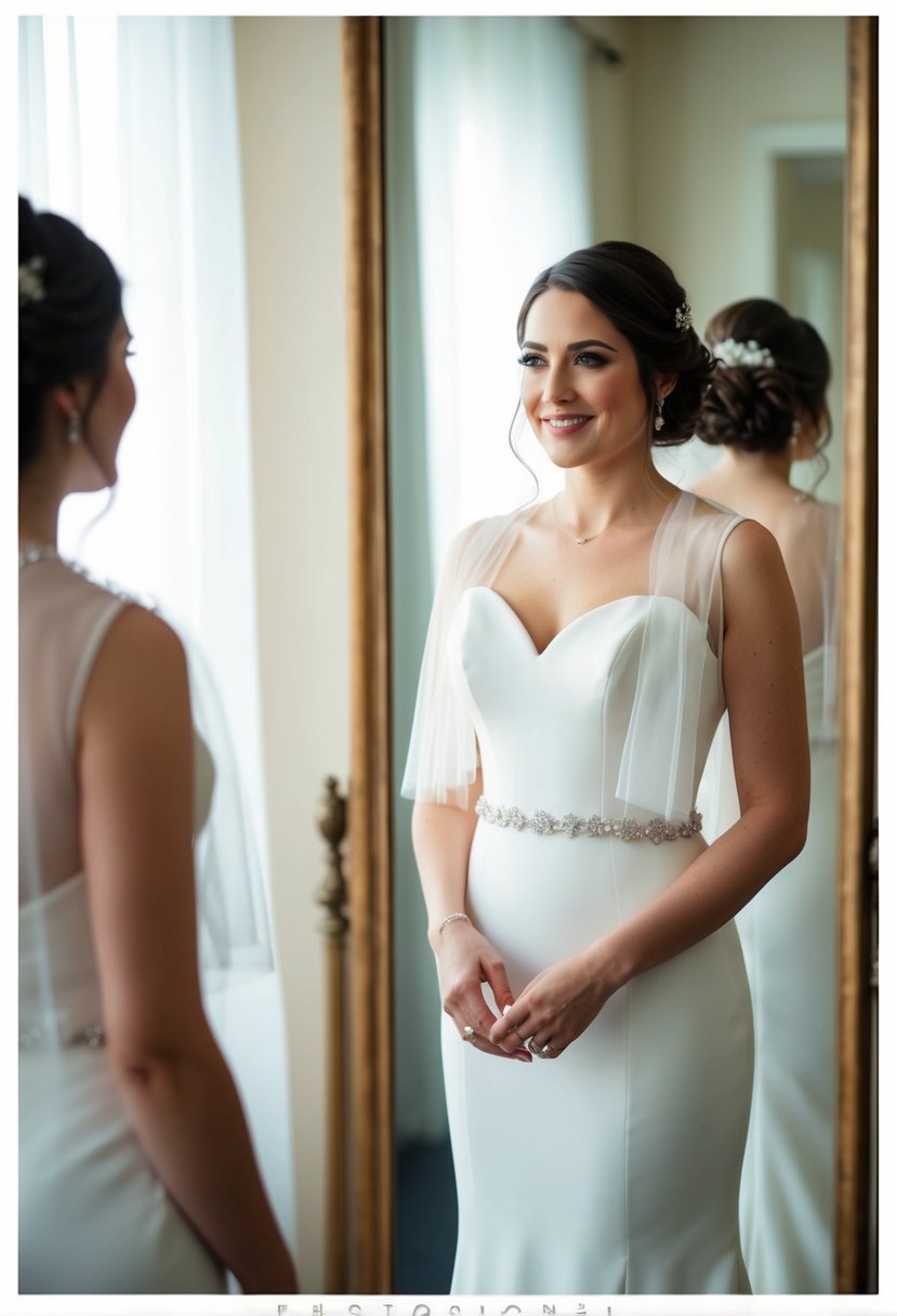 A bride wearing a sleeveless wedding gown with a delicate tulle overlay shrug, standing in front of a mirror with soft lighting