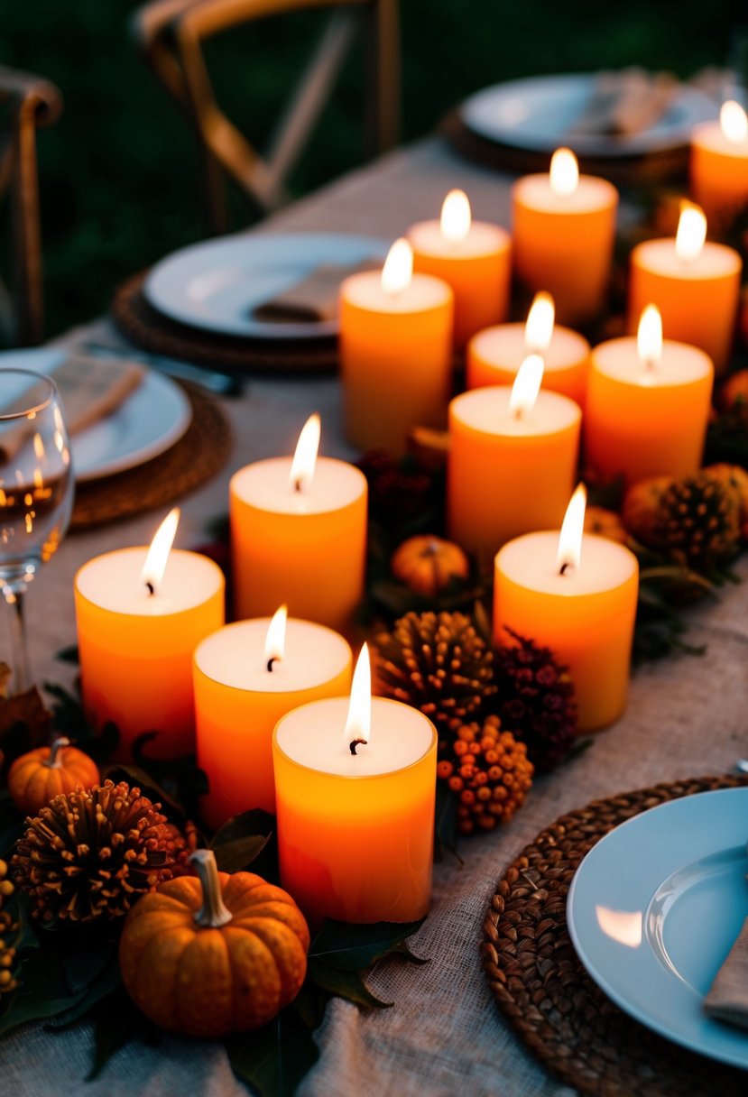 Autumn-scented candles illuminate a rustic wedding setting, creating a warm and cozy atmosphere