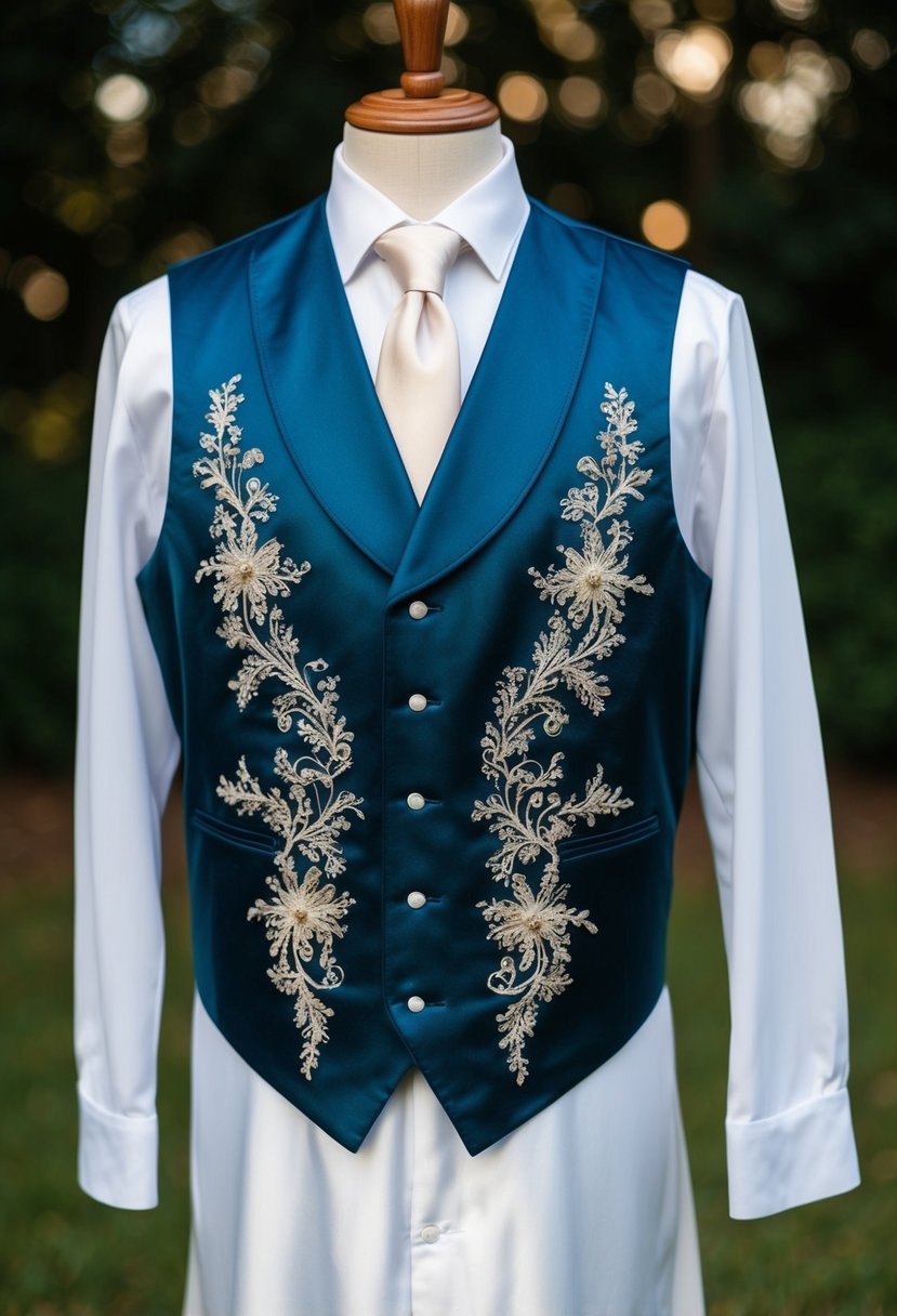 A satin waistcoat with intricate embroidery draped over a wedding dress