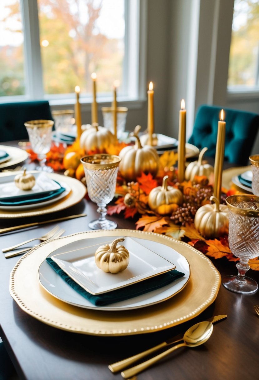 A table set with gold-accented dinnerware and elegant fall decor