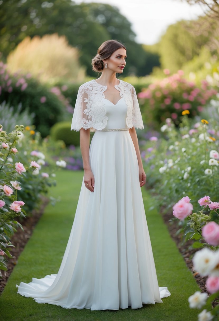 A bride stands in a garden, wearing a flowing wedding dress with an embroidered lace cape jacket, surrounded by blooming flowers