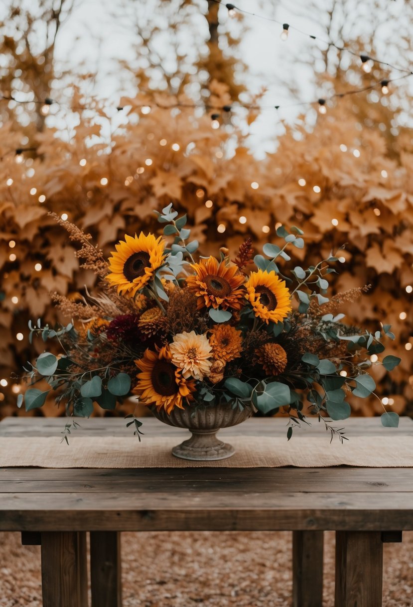 A rustic wooden table adorned with autumnal floral arrangements in warm tones, including sunflowers, dahlias, and eucalyptus, set against a backdrop of golden foliage and twinkling fairy lights