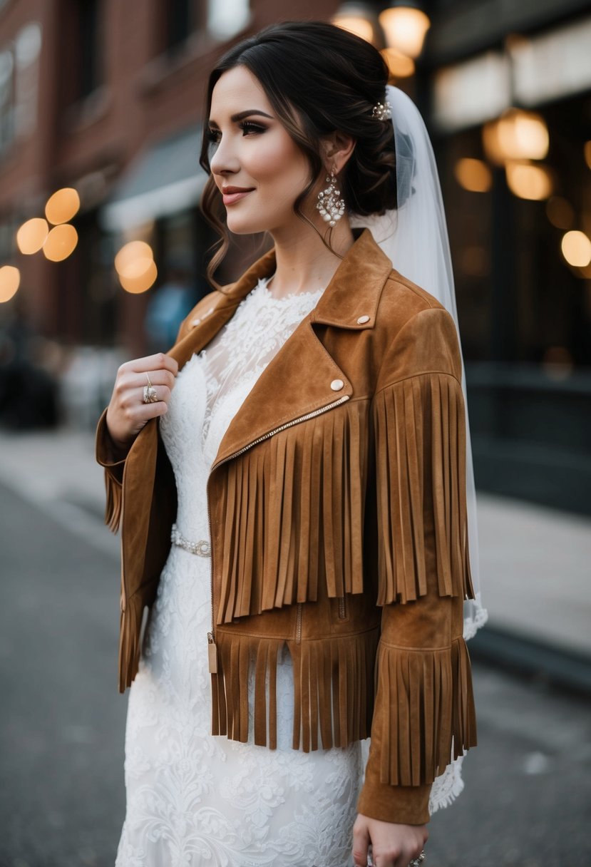 A suede fringe jacket draped over a white lace wedding dress