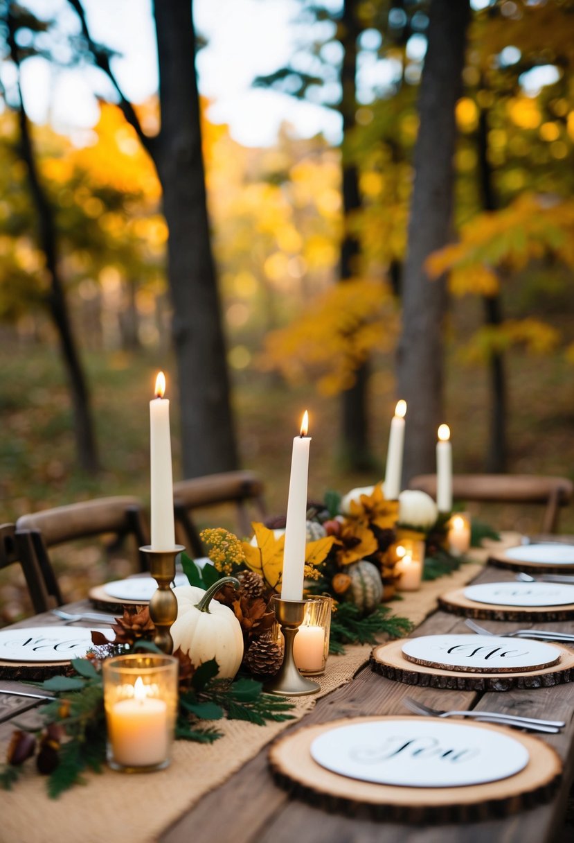 A rustic outdoor wedding scene with fall foliage, a wooden table set with personalized coasters, and soft candlelight