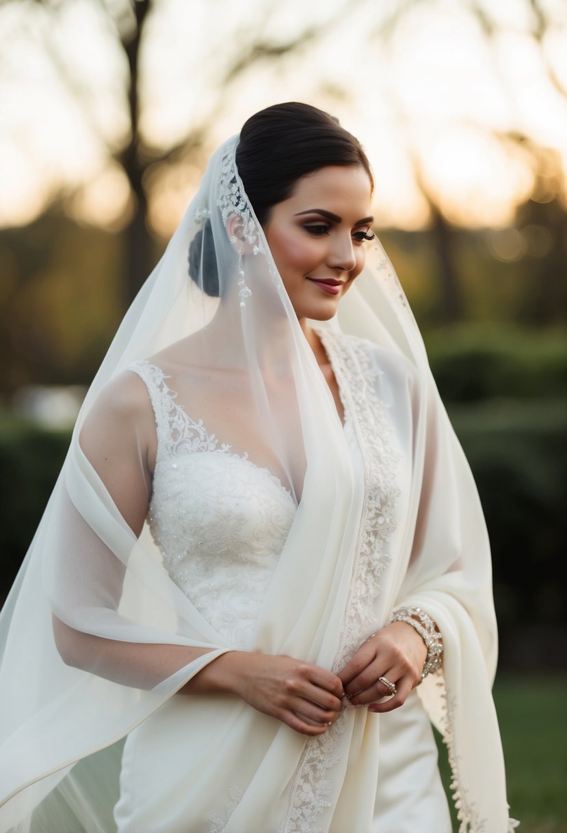 A bride wearing a flowing pashmina wrap over her wedding dress, with delicate lace and beading details