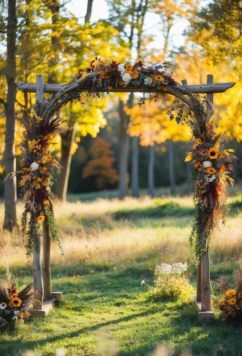 A rustic wedding arch adorned with autumn leaves and wildflowers, set in a woodland clearing with dappled sunlight filtering through the trees