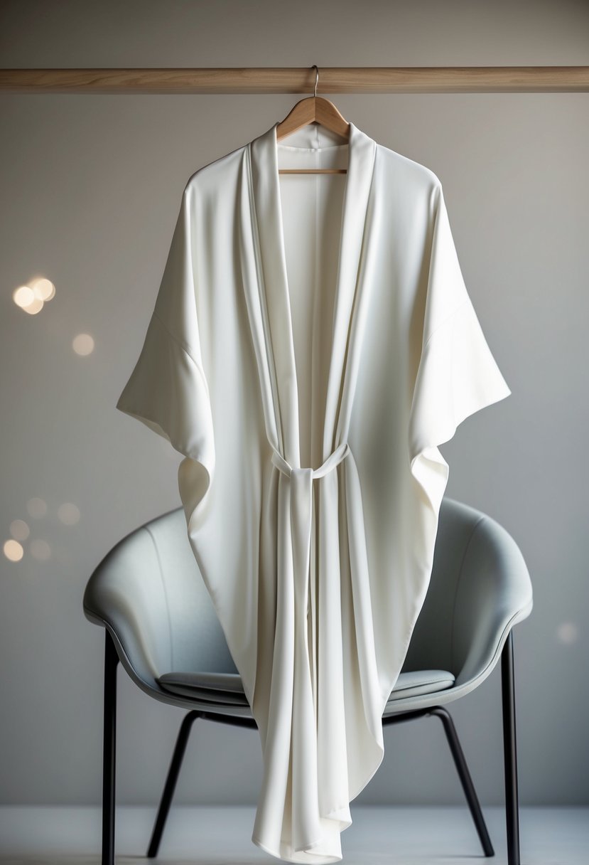 A flowing silk kimono jacket hangs on a wooden hanger, draped over a sleek, modern chair. The soft, minimalist design exudes elegance and grace