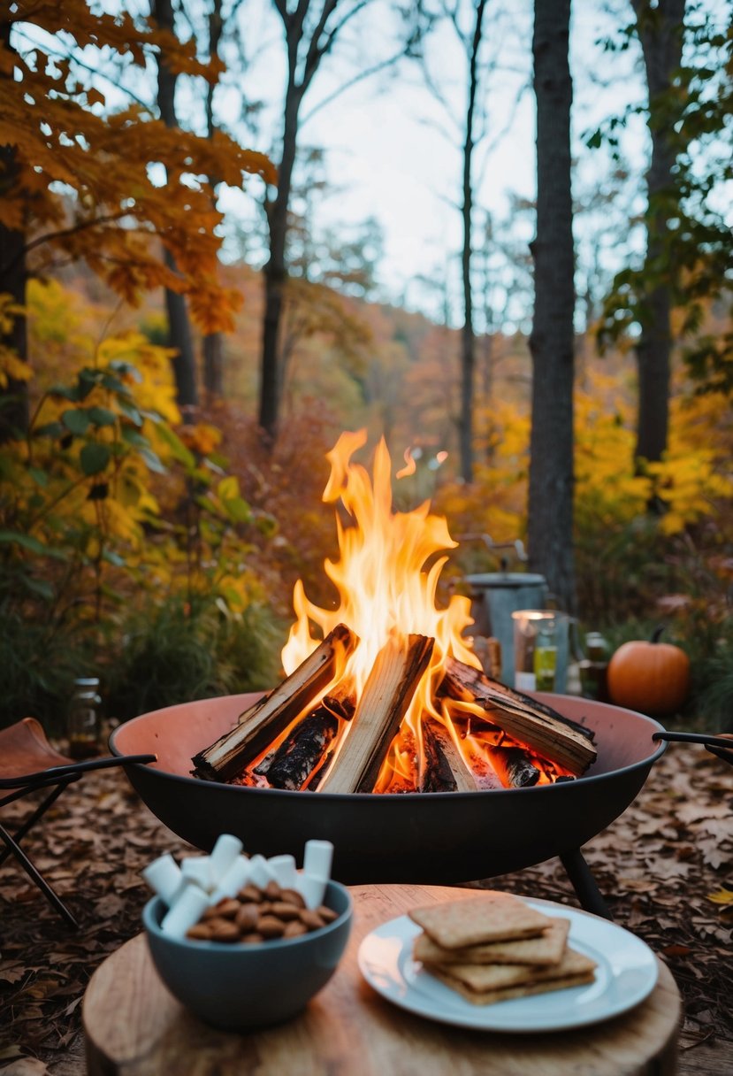 A cozy bonfire surrounded by autumn foliage, with a table of s'mores ingredients nearby